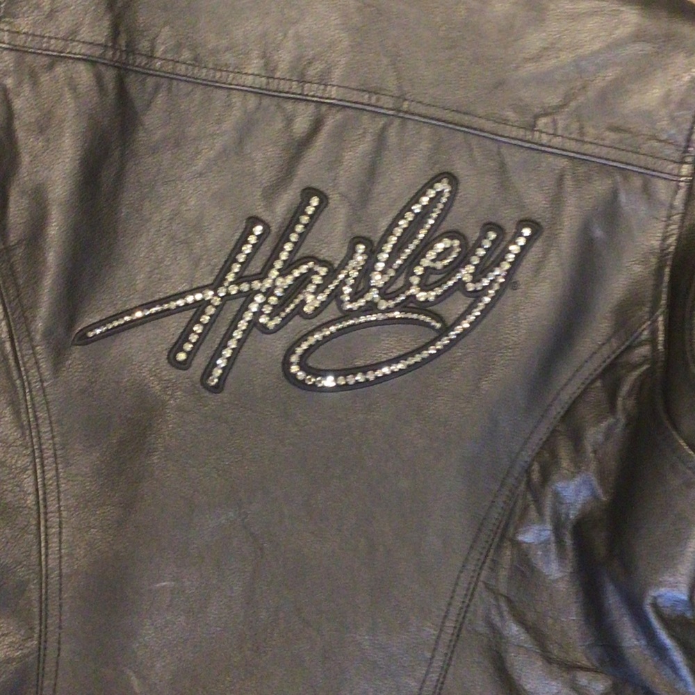 Harley-Davidson Black Leather Jacket with Rhinestone Script - Picture 3 of 6